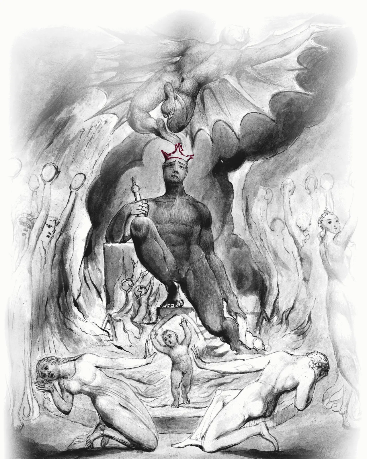 Blake's dark idol of Moloch, crowned in wine, sits above a child in the fire while the parents kneel on either side. The crown is all the authority he has, and the people around him gave it.