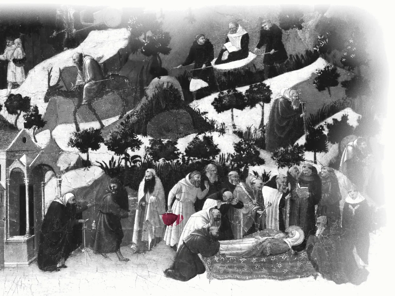 Monks in Fra Angelico's Thebaid carry a reader up the hillside path, keep a walled garden, and bury a brother at its gate, while the slope above them fades into bare page. Nothing here is done alone, and the one woven basket in wine is labor carried into prayer.